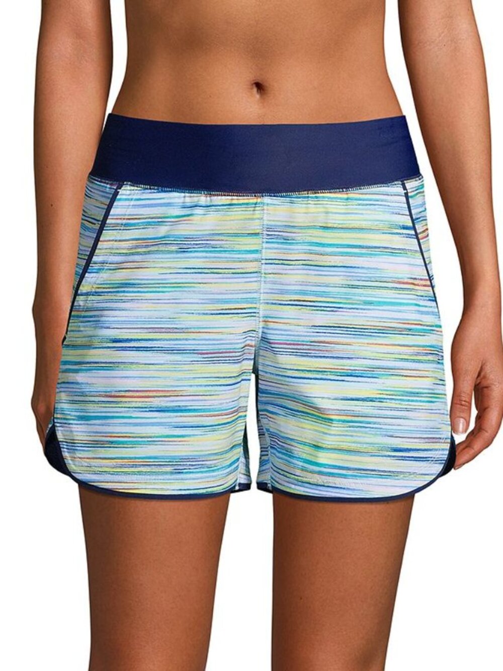 Lands' End Swim Shorts Women's 6 Blue Stripe Quick Dry Pockets Slimming Beach